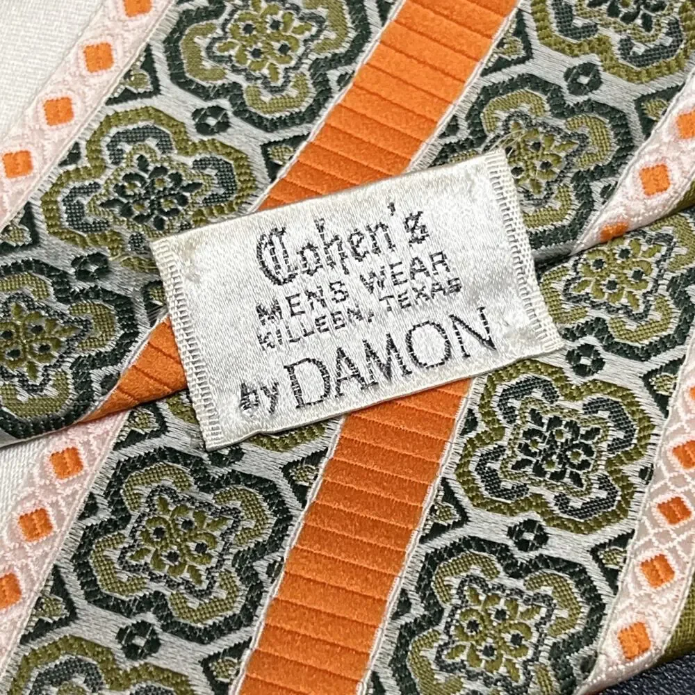Vintage Cohen’s by DAMON Mens Necktie 1960s Orange Green White Textured, Texas
